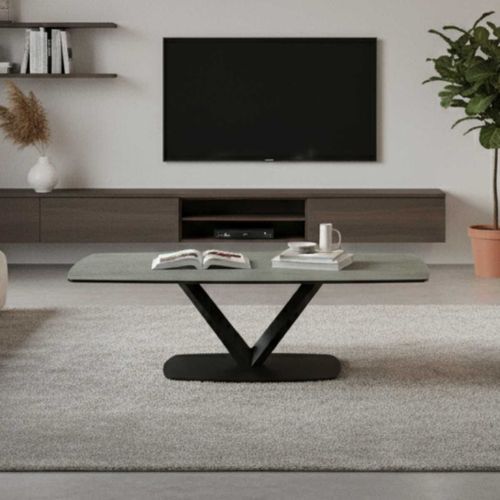 Table Basse Aspect Céramique Grise Pied Central V - Karu