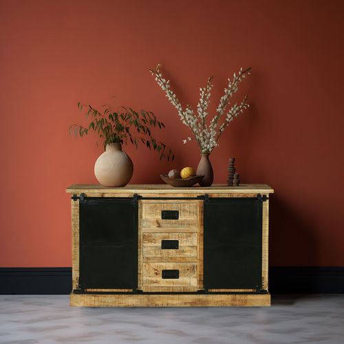 Buffet 2 Portes 3 Tiroirs Manguier Et Métal Noir - Sumatra