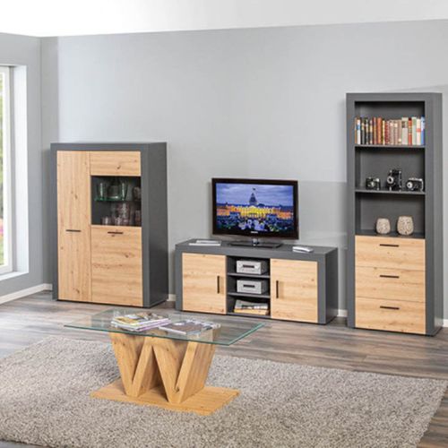 Meuble TV 2 Portes 3 Niches Gris Et Effet Bois - October
