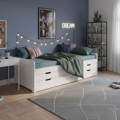 Lit Gigogne 90x200 Avec Tiroirs En Bois Massif Cérusé Blanc - Tommy