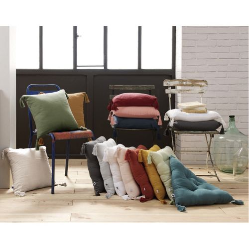 Coussin Déhoussable 40x40cm Avec Pompons Gaze De Coton Nuage - Ourea