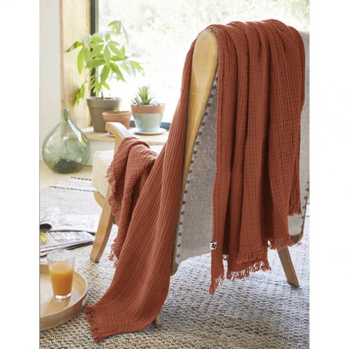 Plaid à Franges 130x160cm 4 Epaisseurs Gaze De Coton Terracotta - Ourea