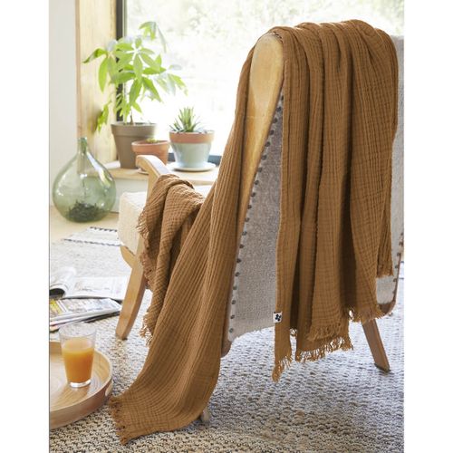 Plaid à Franges 130x160cm 4 Epaisseurs Gaze De Coton Camel - Ourea