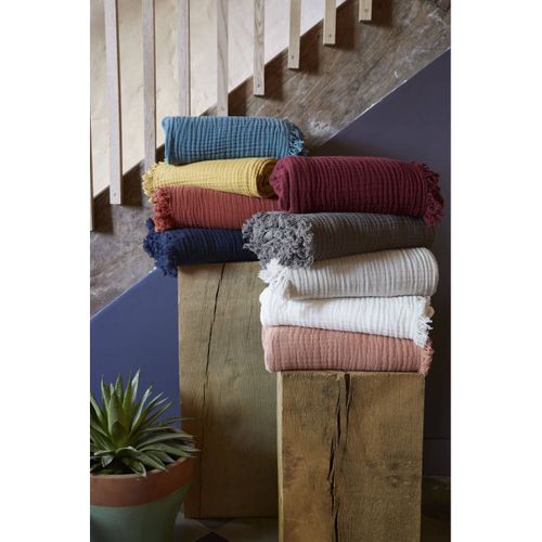 Plaid à Franges 180x220cm 4 Epaisseurs Gaze De Coton Rose Pêche - Ourea