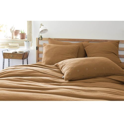 Taie D'oreiller 50x70cm Gaze De Coton Camel à Fleurs Ajourées - Ourea Motif