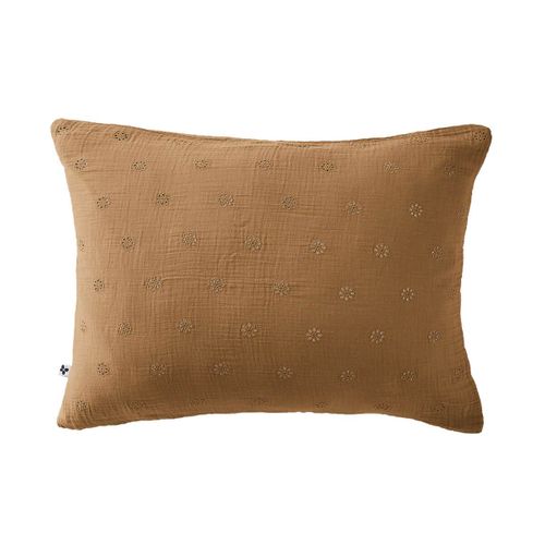 Taie D'oreiller 50x70cm Gaze De Coton Camel à Fleurs Ajourées - Ourea Motif
