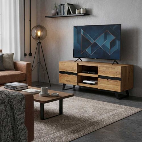 Meuble TV 2 Portes 2 Niches En Acacia Massif Et Métal Noir - Volska