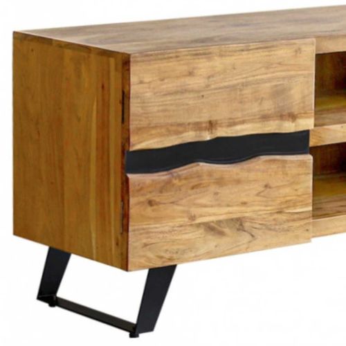 Meuble TV 2 Portes 2 Niches En Acacia Massif Et Métal Noir - Volska