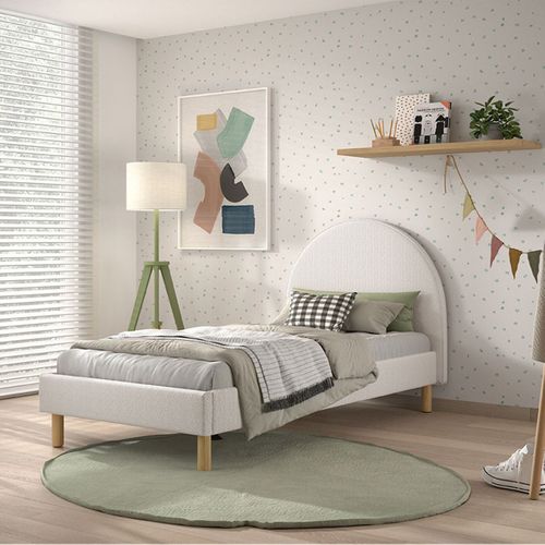 Pack Lit 90x200cm Tête Demi-lune + Pouf Tissu Bouclé Blanc - Connie