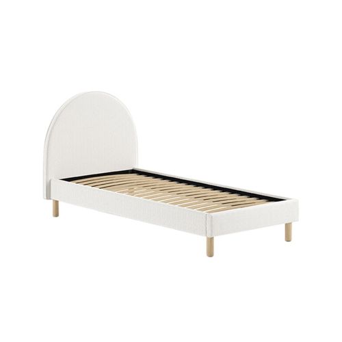 Pack Lit 90x200cm Tête Demi-lune + Pouf Tissu Bouclé Blanc - Connie