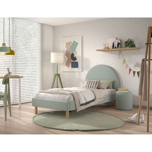 Pack Lit 90x200cm Tête Demi-lune + Pouf Tissu Bouclé Vert Olive - Connie