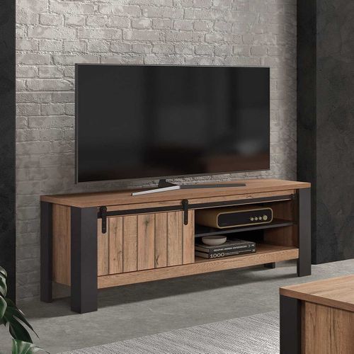 Meuble TV 1 Porte Coulissante 2 Niches Métal Et Aspect Bois - Clodius