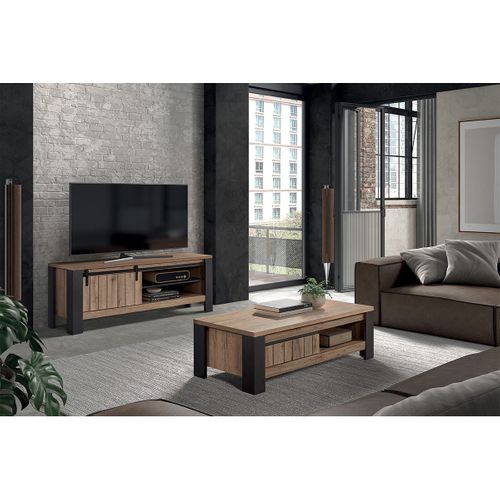 Meuble TV 1 Porte Coulissante 2 Niches Métal Et Aspect Bois - Clodius