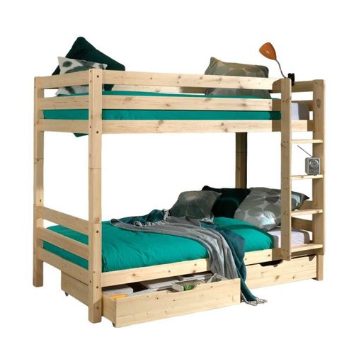 Lit Superposé H160 En Pin Naturel 90x200cm Avec 2 Tiroirs - Sleepy