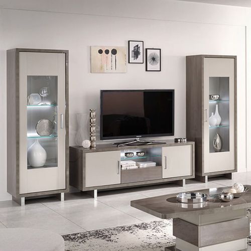 Meuble TV 2 Portes Gris Acier Metallisé Et Gris Mat Avec LEDs - Auxane