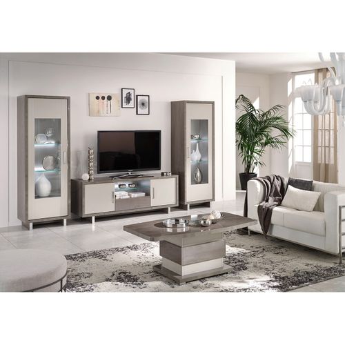 Meuble TV 2 Portes Gris Acier Metallisé Et Gris Mat Avec LEDs - Auxane
