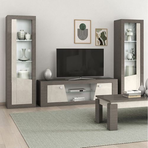 Meuble TV 2 Portes Décor Bois Gris Veiné Et Beige - Gondor