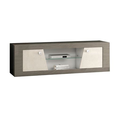Meuble TV 2 Portes Décor Bois Gris Veiné Et Beige - Gondor