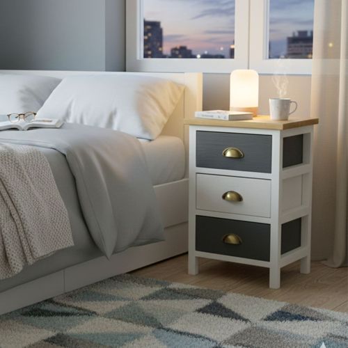 Meuble De Rangement 3 Tiroirs En Pin Teinté Gris Et Blanc Plateau Naturel - Patty