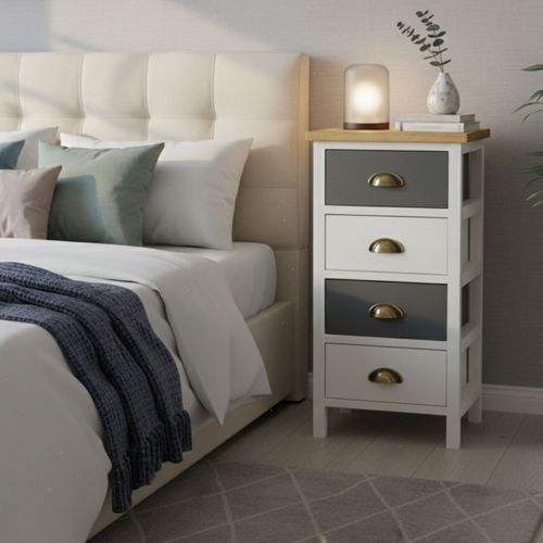 Meuble De Rangement 4 Tiroirs En Pin Teinté Gris Et Blanc Plateau Naturel - Patty