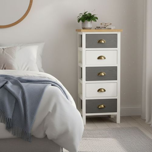 Meuble De Rangement 5 Tiroirs En Pin Teinté Gris Et Blanc Plateau Naturel - Patty