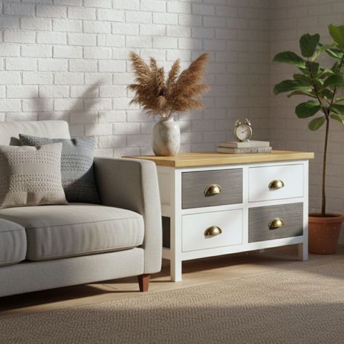 Meuble 4 Tiroirs En Pin Teinté Gris Et Blanc Plateau Naturel - Patty