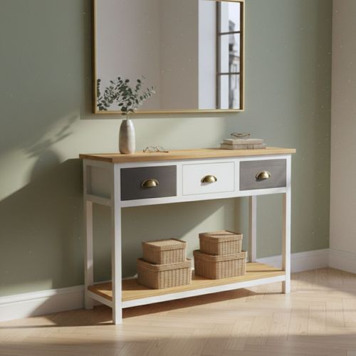 Console 3 Tiroirs En Pin Teinté Gris Et Blanc 2 Plateaux Naturel - Patty