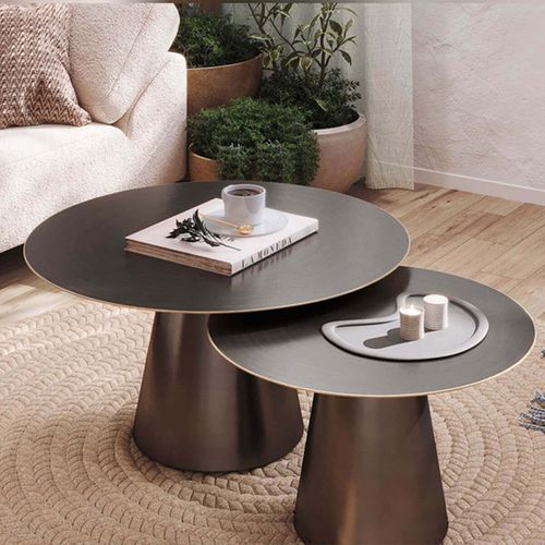 Lot De 2 Tables Acier Finition Nickel Antique Bordure Dorée - Nicko