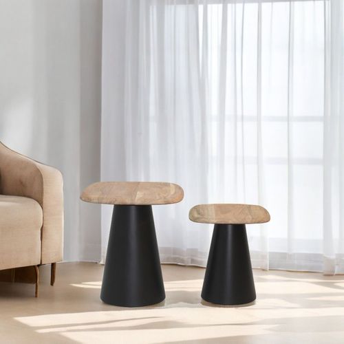 Lot De 2 Tables Plateau En Acacia Pied En Acier Laqué Noir - Ethan