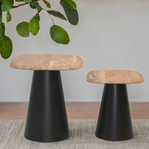 Lot De 2 Tables Plateau En Acacia Pied En Acier Laqué Noir - Ethan