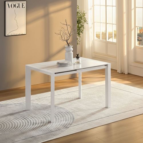 Table Repas Allongeable Plateau Céramique Marbré Blanc Pieds Métal Blanc - Melia