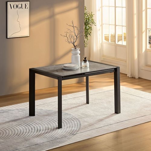 Table Repas Allongeable Plateau Céramique Marbré Gris Pieds Métal Gris - Melia