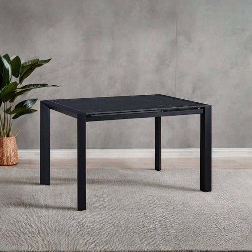 Table Repas Allongeable Plateau Céramique Marbré Noir Pieds Métal Gris - Melia
