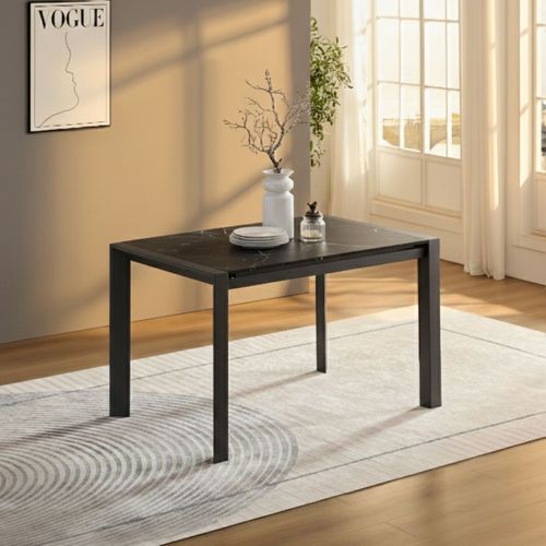 Table Repas Allongeable Plateau Céramique Marbré Noir Pieds Métal Gris - Melia