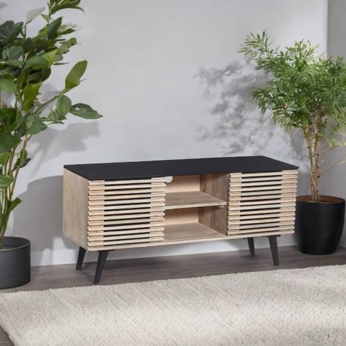 Meuble TV En Manguier Massif Et Noir Façades Ajourées Coulissantes - Venitien