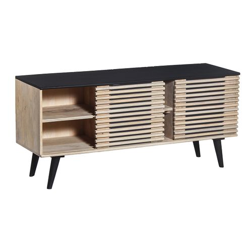 Meuble TV En Manguier Massif Et Noir Façades Ajourées Coulissantes - Venitien