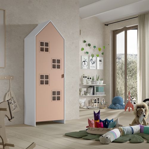 Armoire Cabane 1 Porte Rose Détail Fenêtres - Beauville