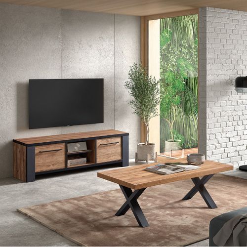 Meuble TV 2 Portes Et 2 Niches Aspect Bois Finition Denver Et Noir - Etienne
