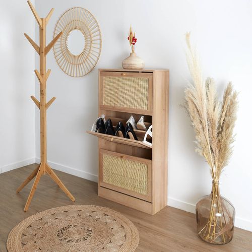 Meuble à Chaussures 3 Portes Basculantes Effet Bois Et Façades Rotin - Maya