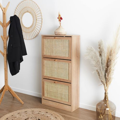 Meuble à Chaussures 3 Portes Basculantes Effet Bois Et Façades Rotin - Maya