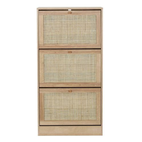 Meuble à Chaussures 3 Portes Basculantes Effet Bois Et Façades Rotin - Maya