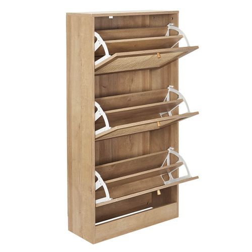 Meuble à Chaussures 3 Portes Basculantes Effet Bois Et Façades Rotin - Maya