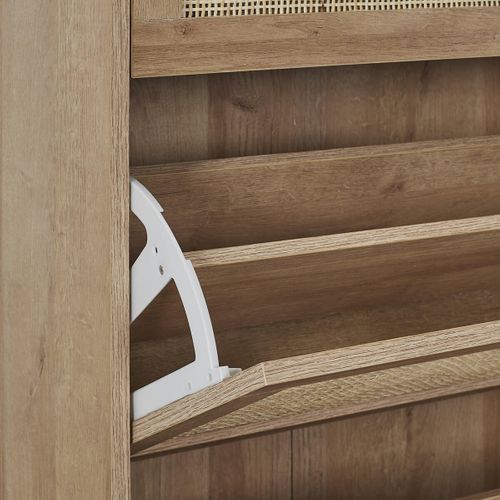 Meuble à Chaussures 3 Portes Basculantes Effet Bois Et Façades Rotin - Maya