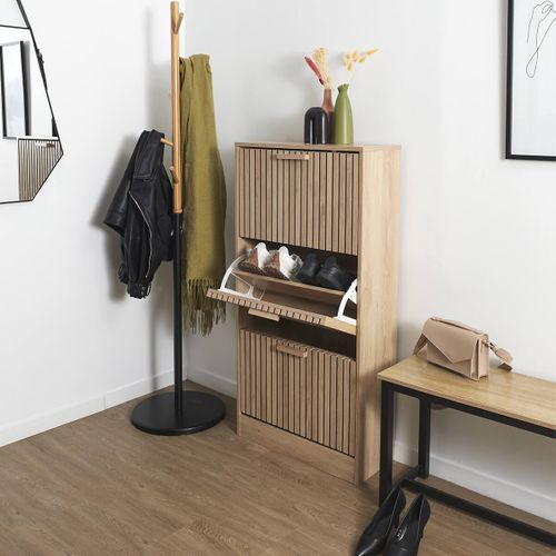 Meuble à Chaussures 3 Portes Basculantes Effet Bois Avec Tasseaux - Pajan