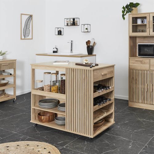 Ilot De Cuisine Multi-rangement Effet Bois Avec Tasseaux - Pajan