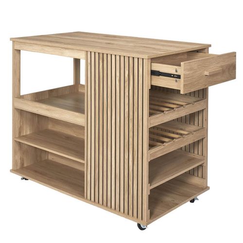 Ilot De Cuisine Multi-rangement Effet Bois Avec Tasseaux - Pajan