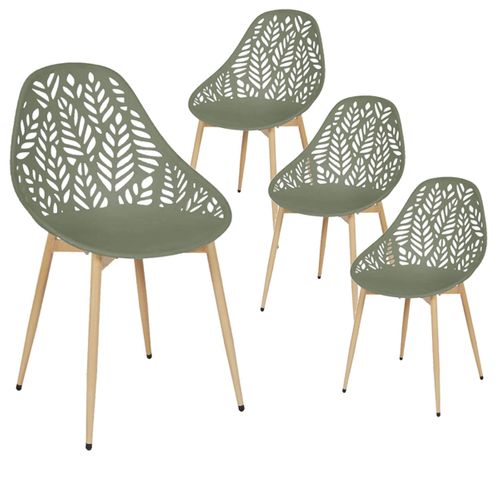 Lot De 4 Chaises De Jardin Coque Plastique Ajourée Vert Olive Pieds Métal - Saya