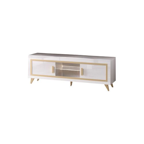 Meuble TV 2 Portes Laqué Blanc Et Décor Doré Avec LEDs - Jemma