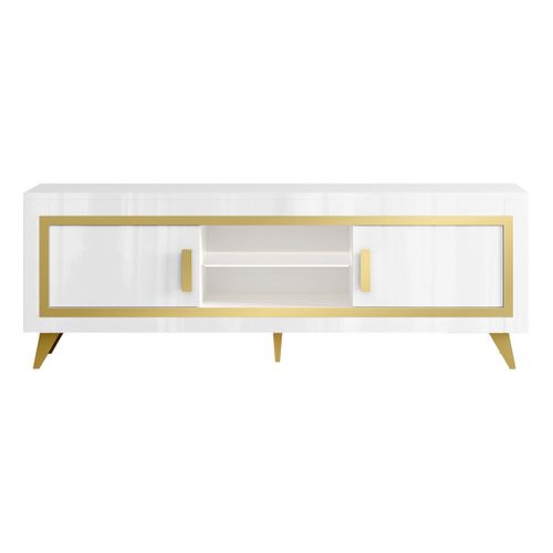 Meuble TV 2 Portes Laqué Blanc Et Décor Doré Avec LEDs - Jemma