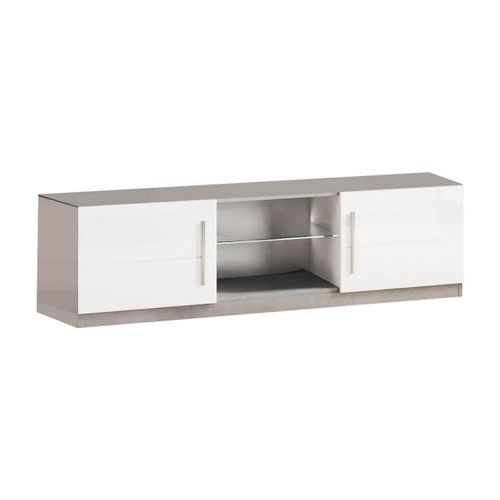 Meuble TV 2 Portes Moderne Laqué Blanc Et Marbre Avec LEDs - Clark